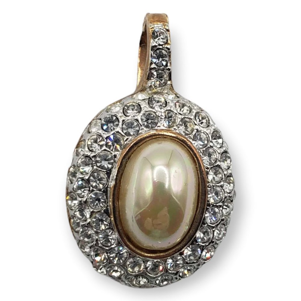 Roman Vintage pendant faux pearl 3 rows of rhinestones gold tone clip closure - Picture 7 of 7